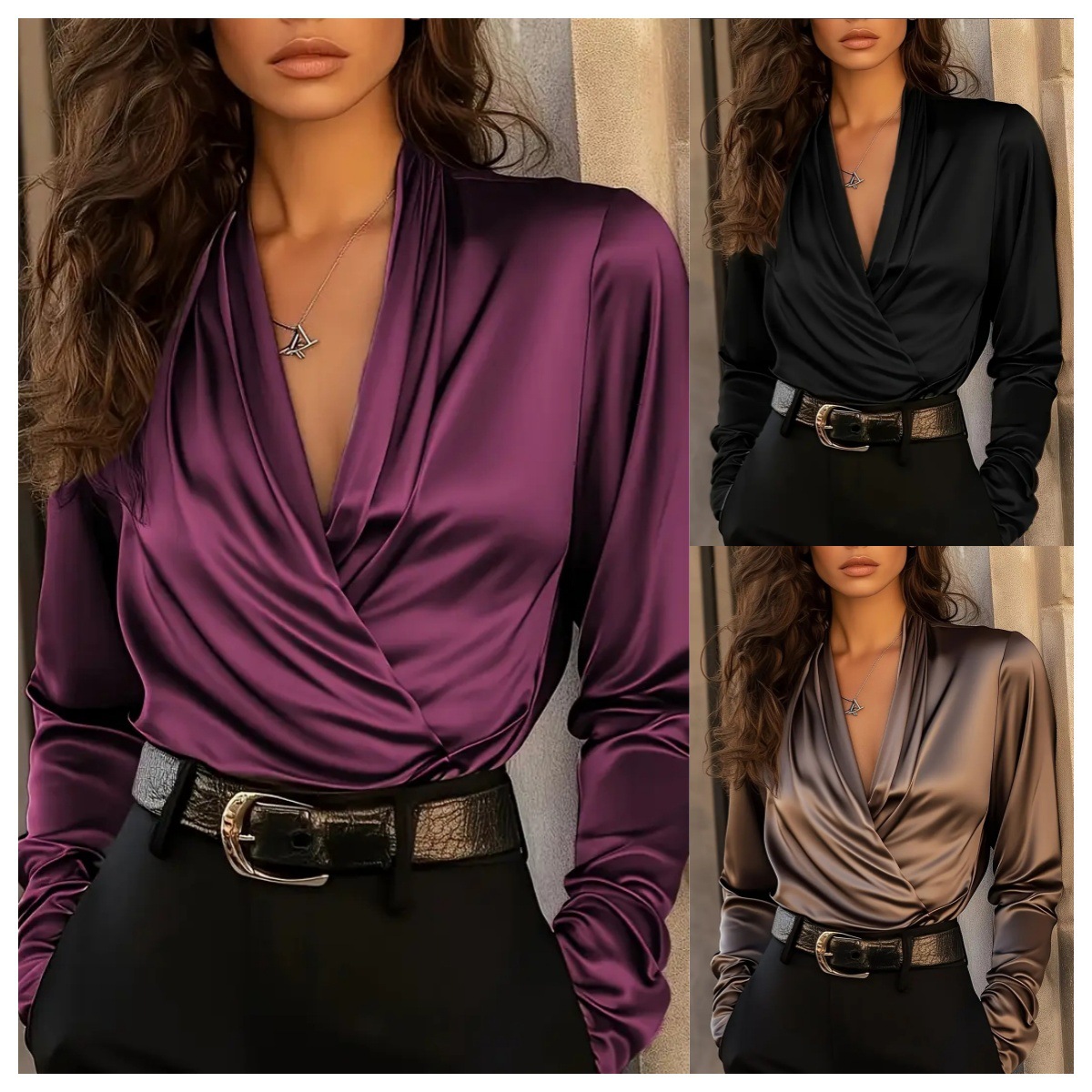 Women's Satin Wrap V Neck Long - Women Formal Wear Tops avis et prix