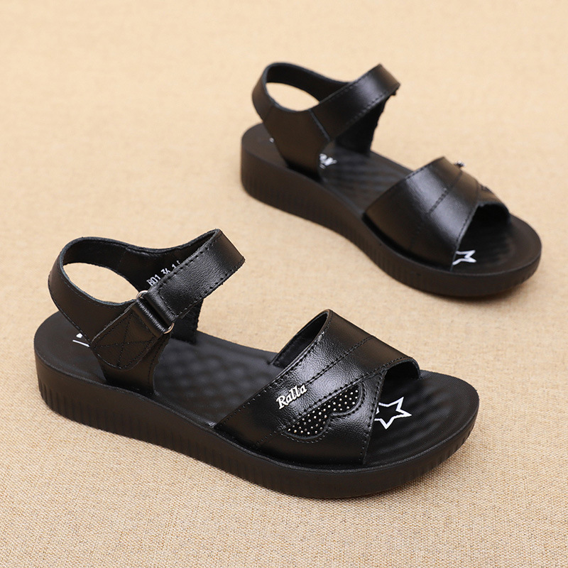 Black Leather T-Strap Peep Toe - Formal Women Daily Wear Sandals avis et prix