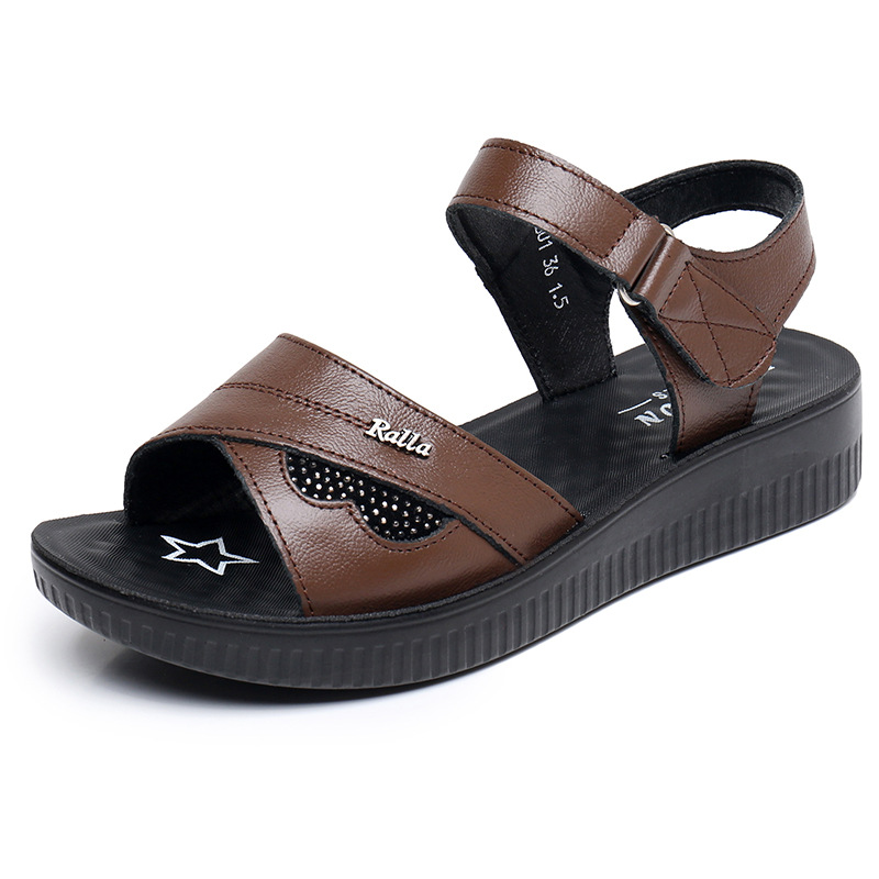 Black Leather T-Strap Peep Toe - Formal Women Daily Wear Sandals avis et prix