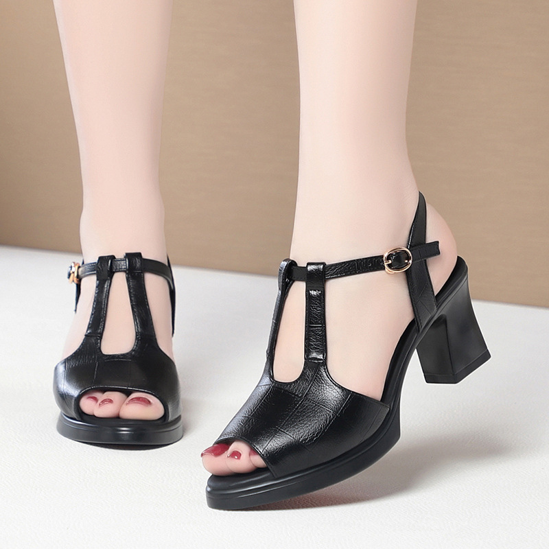 Black Leather T-Strap Peep Toe - Formal Women Daily Wear Sandals avis et prix