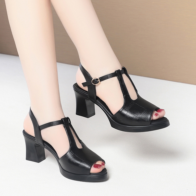 Black Leather T-Strap Peep Toe - Formal Women Daily Wear Sandals avis et prix