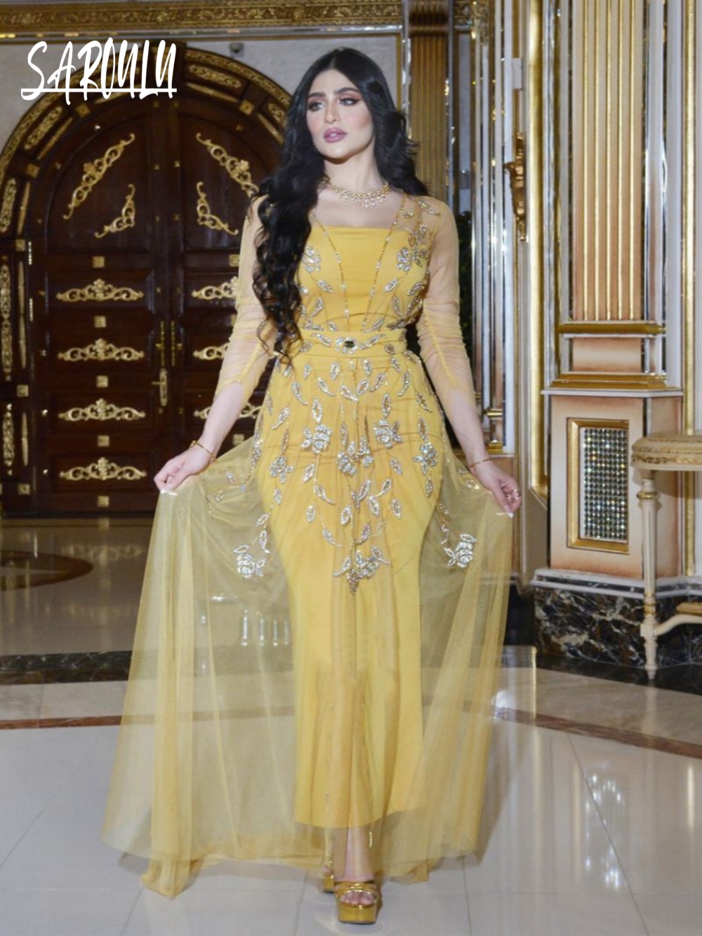 Elegant Yellow Caftan Evening  - Women Formal Wear Sale avis et prix