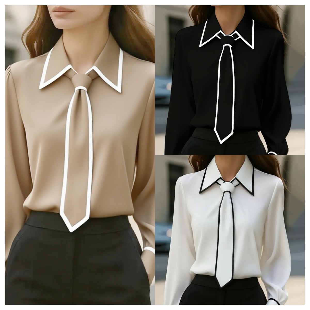 Women's Contrast Trim Tie Neck - Women Formal Wear Tops avis et prix