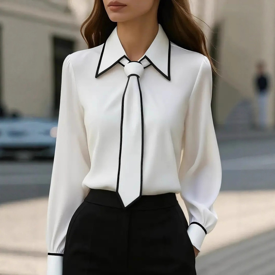 Women's Contrast Trim Tie Neck - Women Formal Wear Tops avis et prix