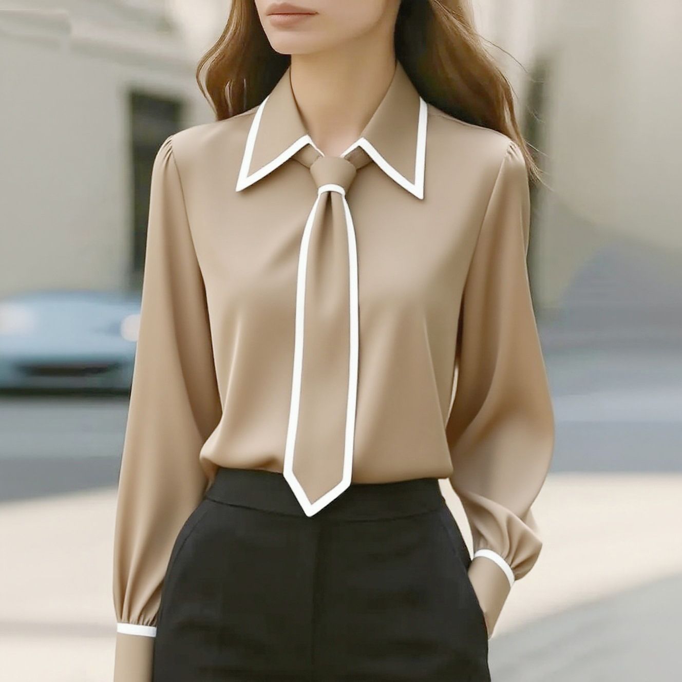 Women's Contrast Trim Tie Neck - Women Formal Wear Tops avis et prix